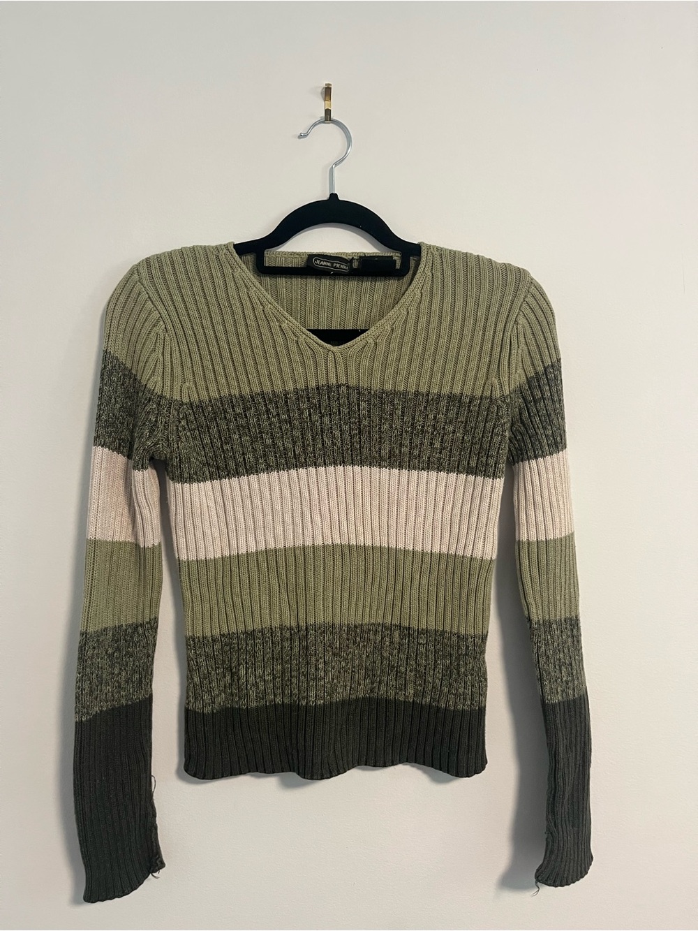 JEANNE PIERRE Olive, Cream & Dark Olive Striped V-Neck Sweater